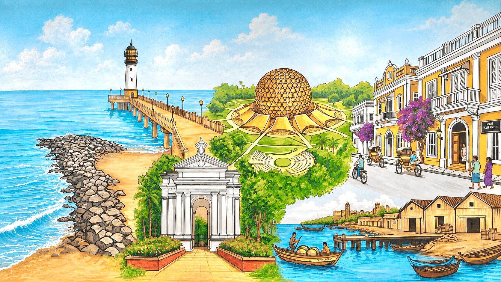 Illustration of the Pondicherry seafront and landmarks